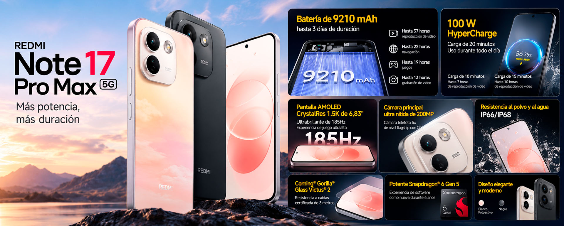 REDMI Note 17 Pro Max 5G con pantalla AMOLED 1.5K 120 Hz, cámara de 50 MP OIS, batería de 9210 mAh y carga rápida de 100 W